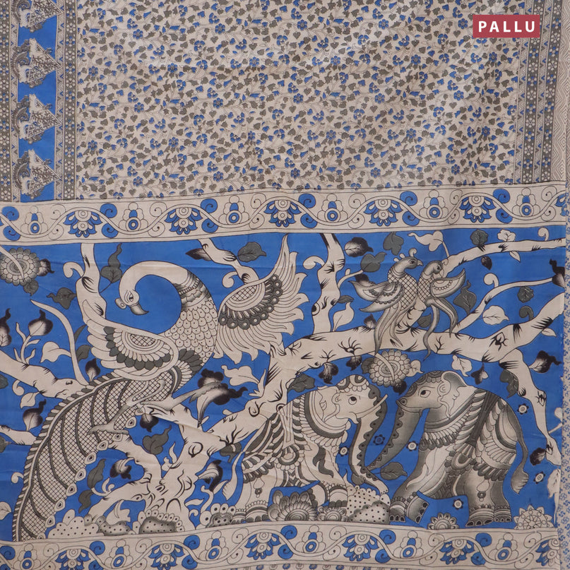 Kalamkari cotton saree beige and blue with allover prints and printed border