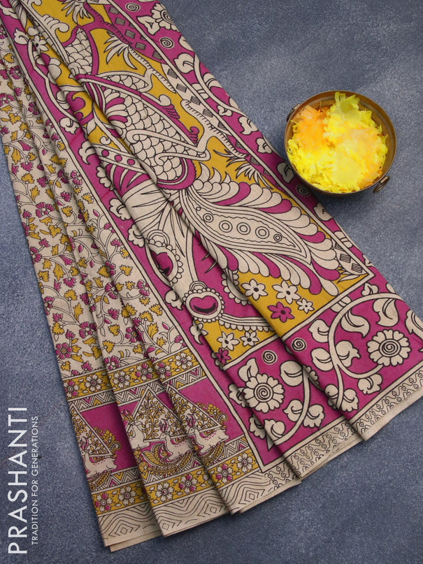 Kalamkari cotton saree beige and pink with allover prints and printed border