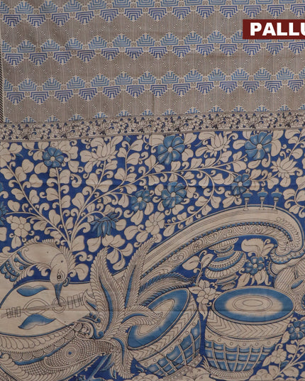 Kalamkari cotton saree beige and blue with allover geometric prints and printed border