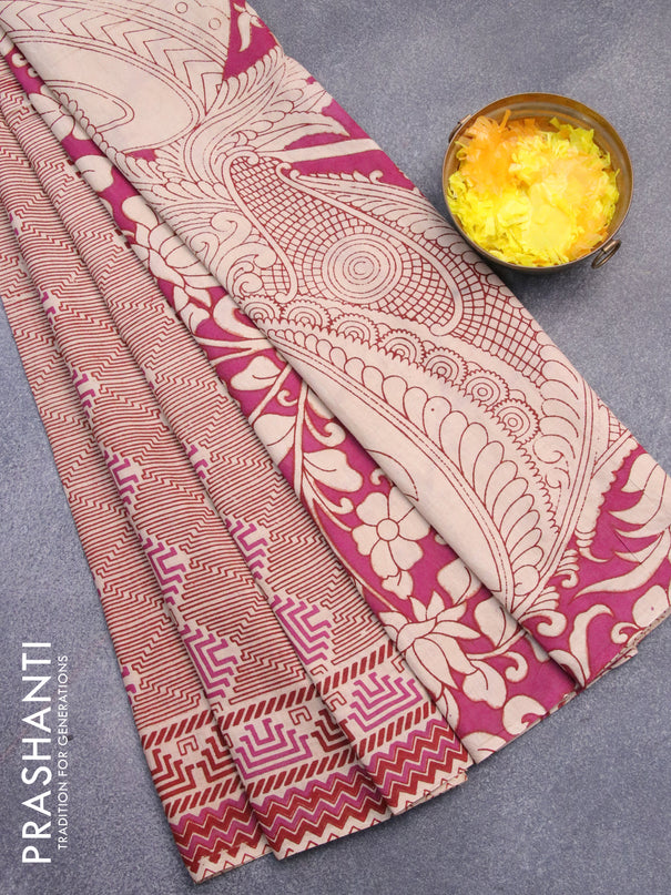 Kalamkari cotton saree beige and maroon with allover geometric prints and printed border