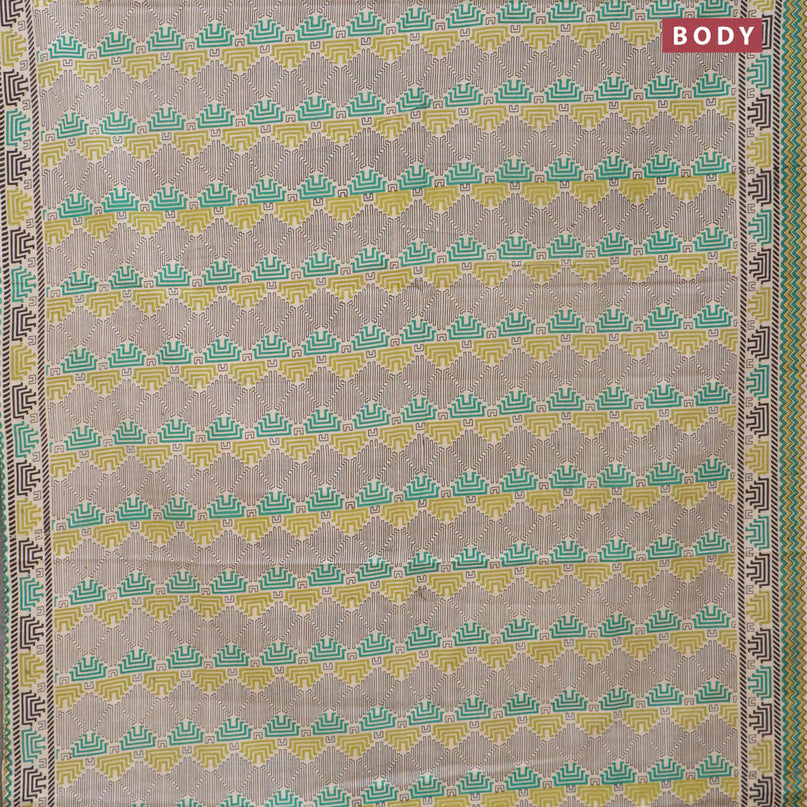 Kalamkari cotton saree beige and green shade with allover geometric prints and printed border