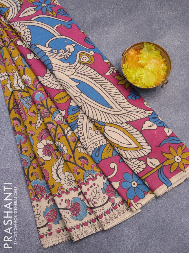 Kalamkari cotton saree yellow and beige with allover prints and printed border
