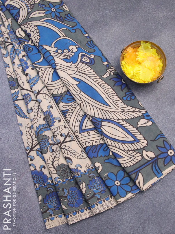 Kalamkari cotton saree beige and dark grey with allover prints and printed border