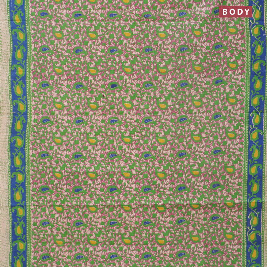 Kalamkari cotton saree light green and blue with allover batik prints and printed border