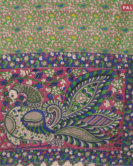 Kalamkari cotton saree light green and blue with allover batik prints and printed border