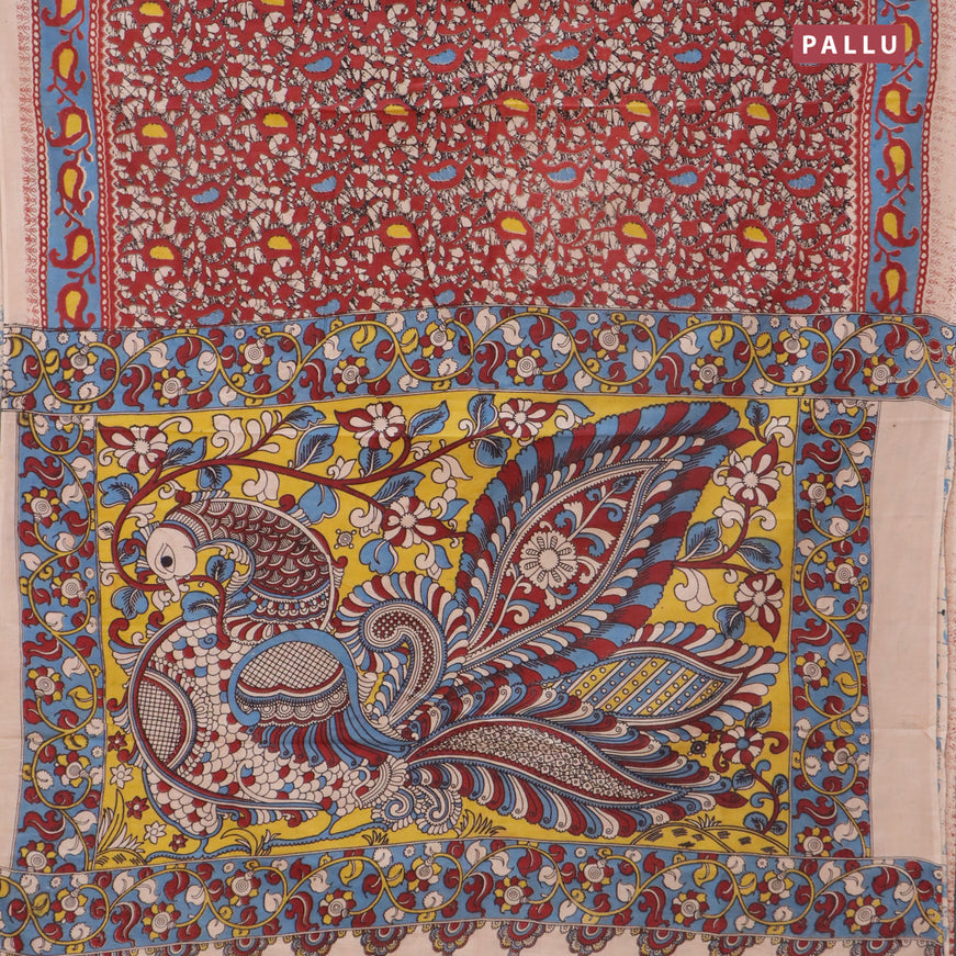 Kalamkari cotton saree maroon and blue with allover batik prints and printed border