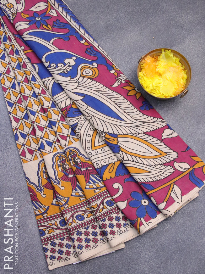 Kalamkari cotton saree beige and yellow with allover geometric prints and printed border