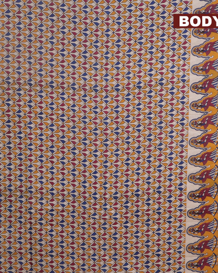 Kalamkari cotton saree beige and yellow with allover geometric prints and printed border
