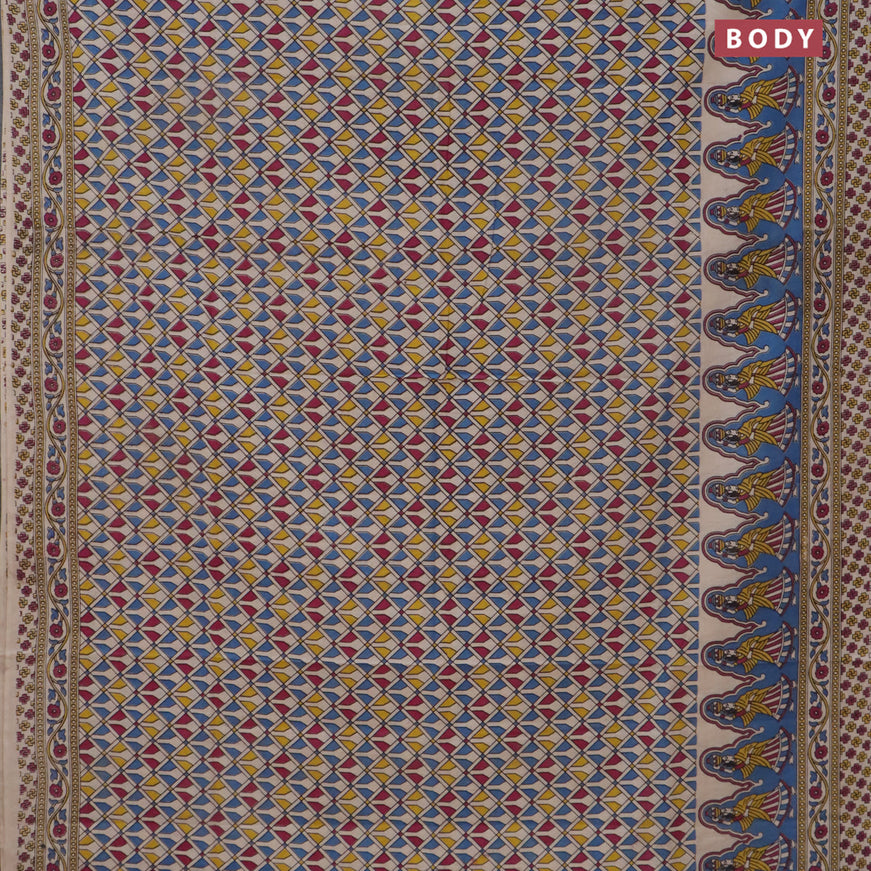 Kalamkari cotton saree beige and blue with allover geometric prints and printed border
