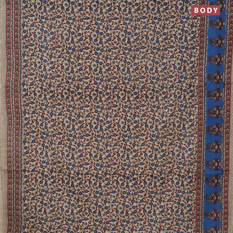 Kalamkari cotton saree beige and maroon blue with allover prints and printed border