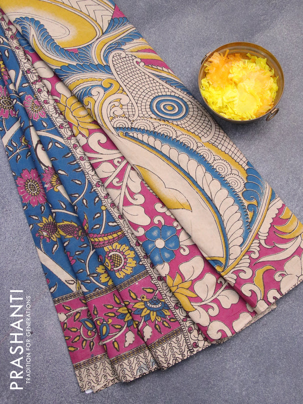 Kalamkari cotton saree peacock blue and magenta pink with allover prints and printed border