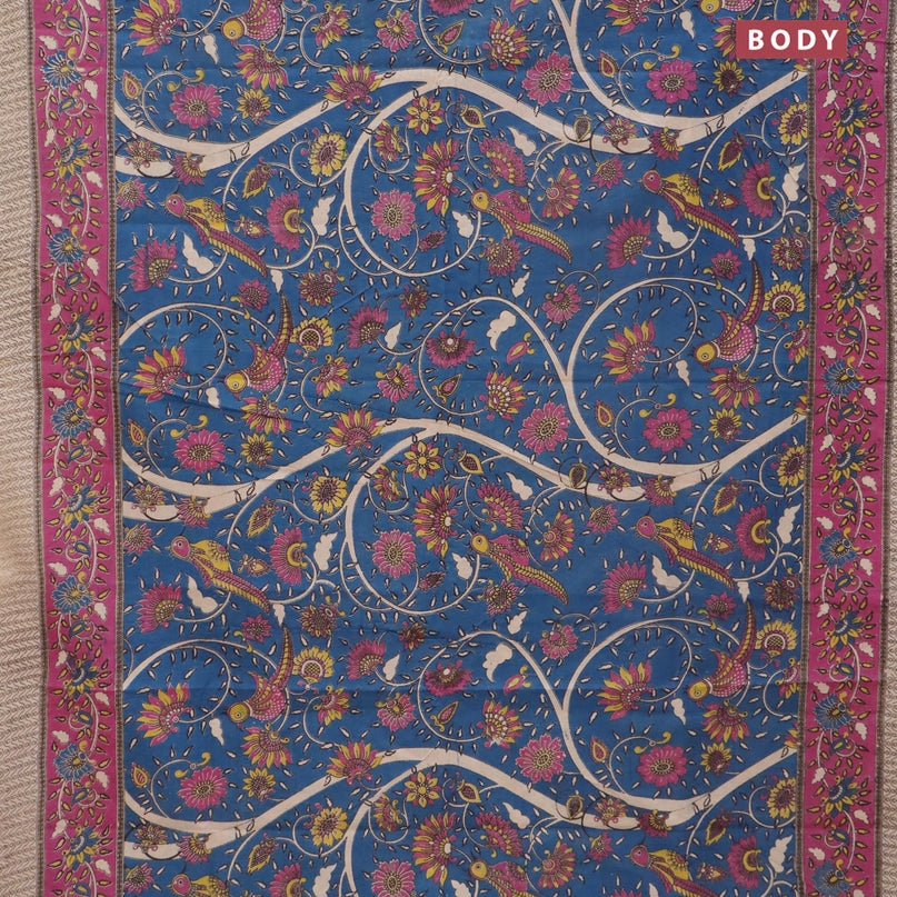 Kalamkari cotton saree peacock blue and magenta pink with allover prints and printed border