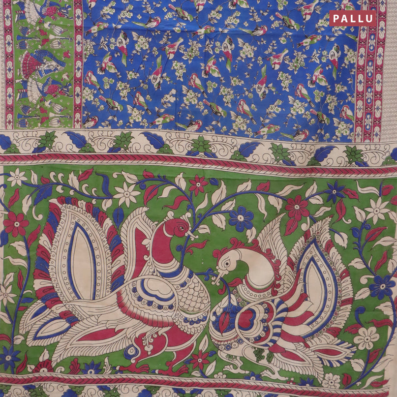 Kalamkari cotton saree blue and green with allover prints and printed border