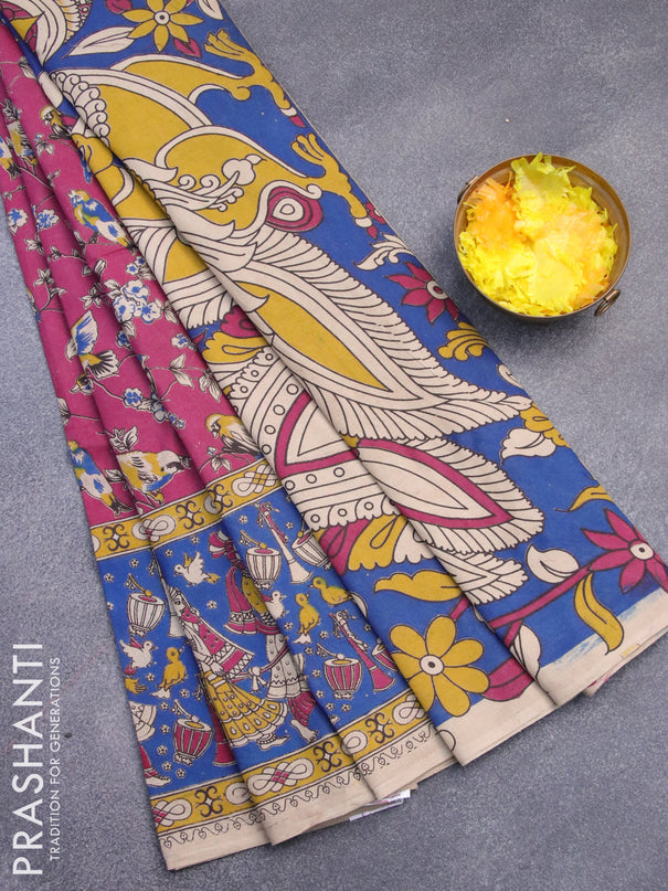 Kalamkari cotton saree magenta pink and blue with allover prints and printed border