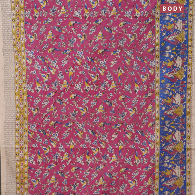 Kalamkari cotton saree magenta pink and blue with allover prints and printed border