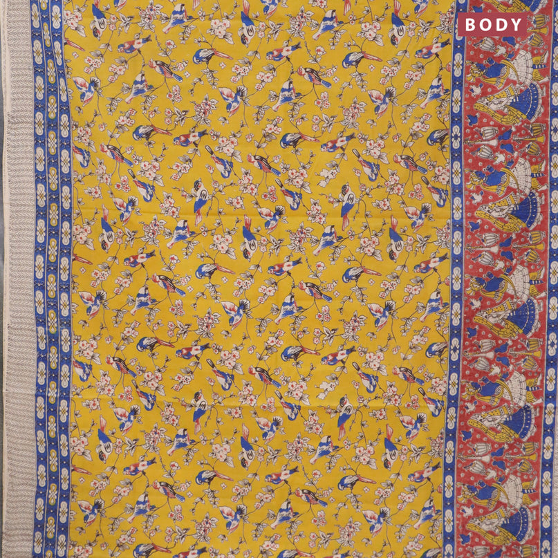 Kalamkari cotton saree yellow and maroon with allover prints and printed border
