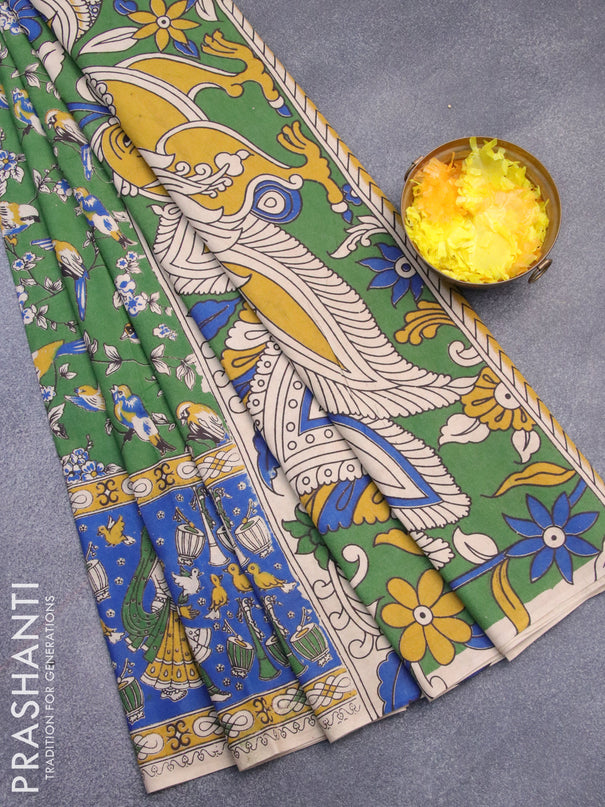 Kalamkari cotton saree green and blue with allover prints and printed border