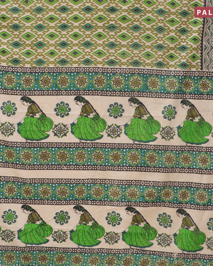 Kalamkari cotton saree beige mehendi green and black with allover ikat prints and printed border