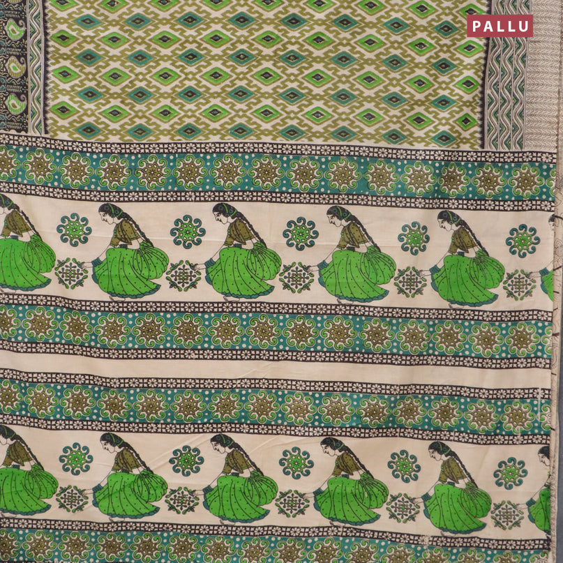 Kalamkari cotton saree beige mehendi green and black with allover ikat prints and printed border