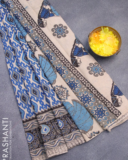 Kalamkari cotton saree beige blue and black with allover ikat prints and printed border