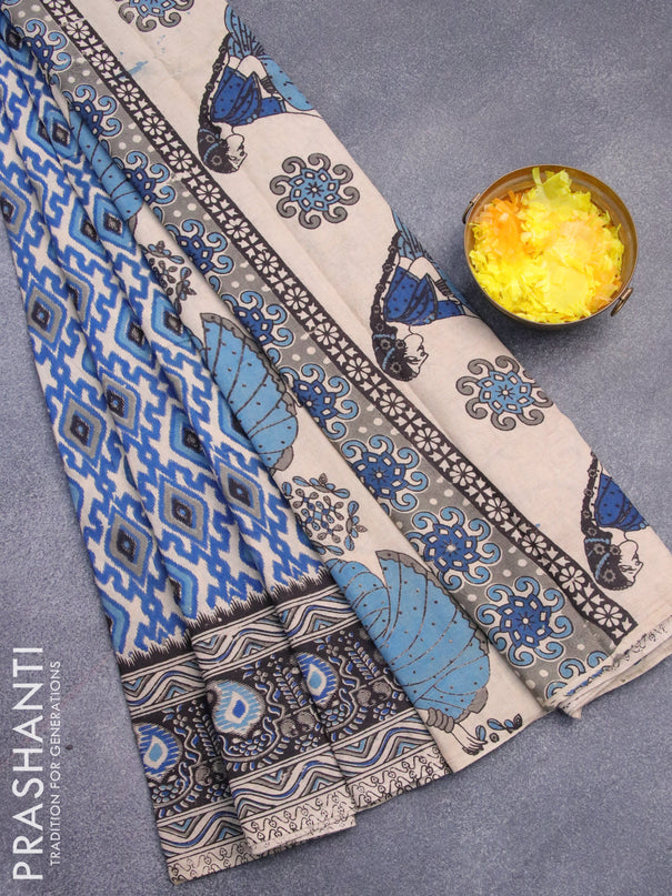 Kalamkari cotton saree beige blue and black with allover ikat prints and printed border