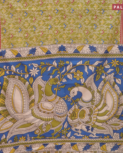 Kalamkari cotton saree mehendi green and maroon with allover prints and printed border
