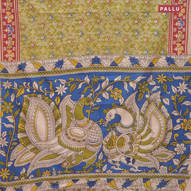 Kalamkari cotton saree mehendi green and maroon with allover prints and printed border
