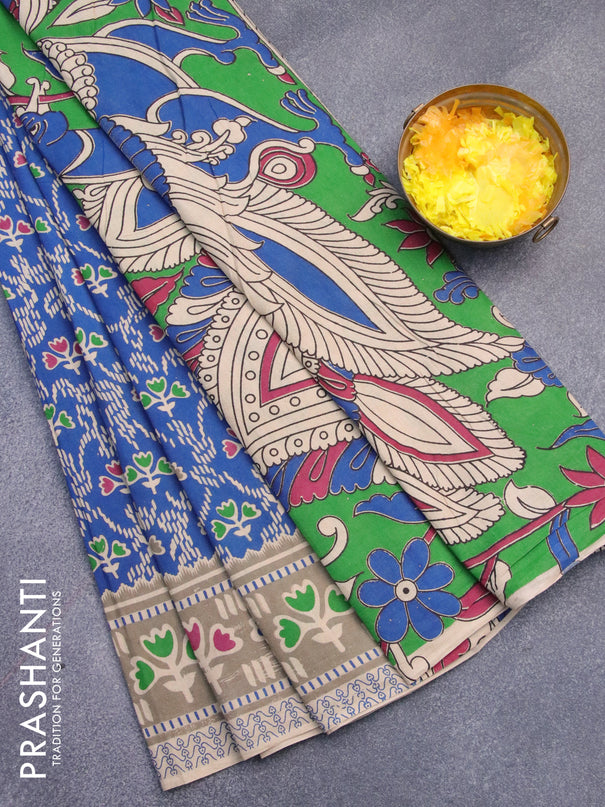 Kalamkari cotton saree blue and grey shade with allover prints and printed border