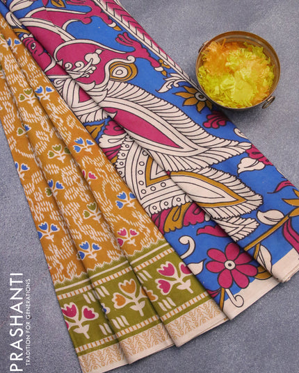 Kalamkari cotton saree yellow and mehendi green with allover prints and printed border