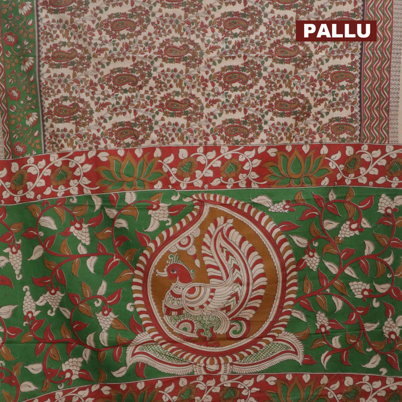 Kalamkari cotton saree beige and green with allover prints and printed border