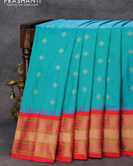 Pure paithani silk saree teal blue and red with zari woven buttas and zari woven border