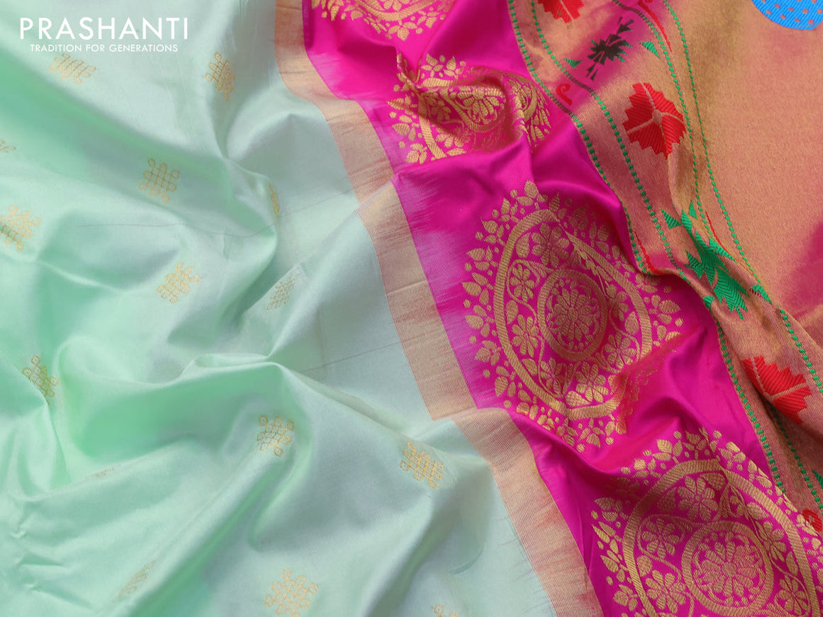 Pure paithani silk saree teal green and pink with zari woven buttas and zari woven border