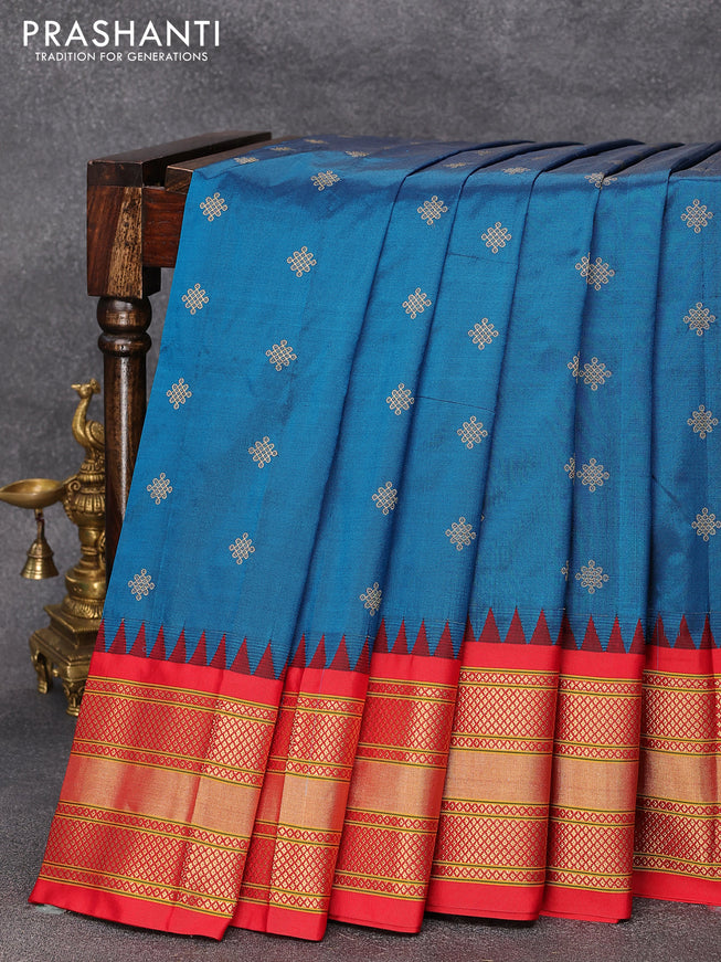Pure paithani silk saree cs blue and red with zari woven buttas and zari woven border