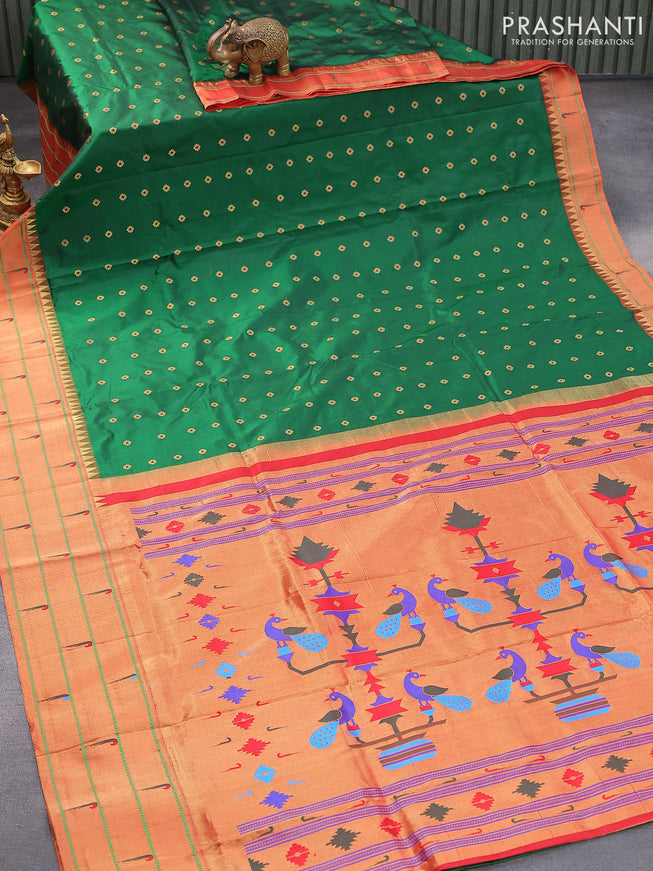 Pure paithani silk saree green and red with allover floral zari woven buttas and zari woven muniya butta border