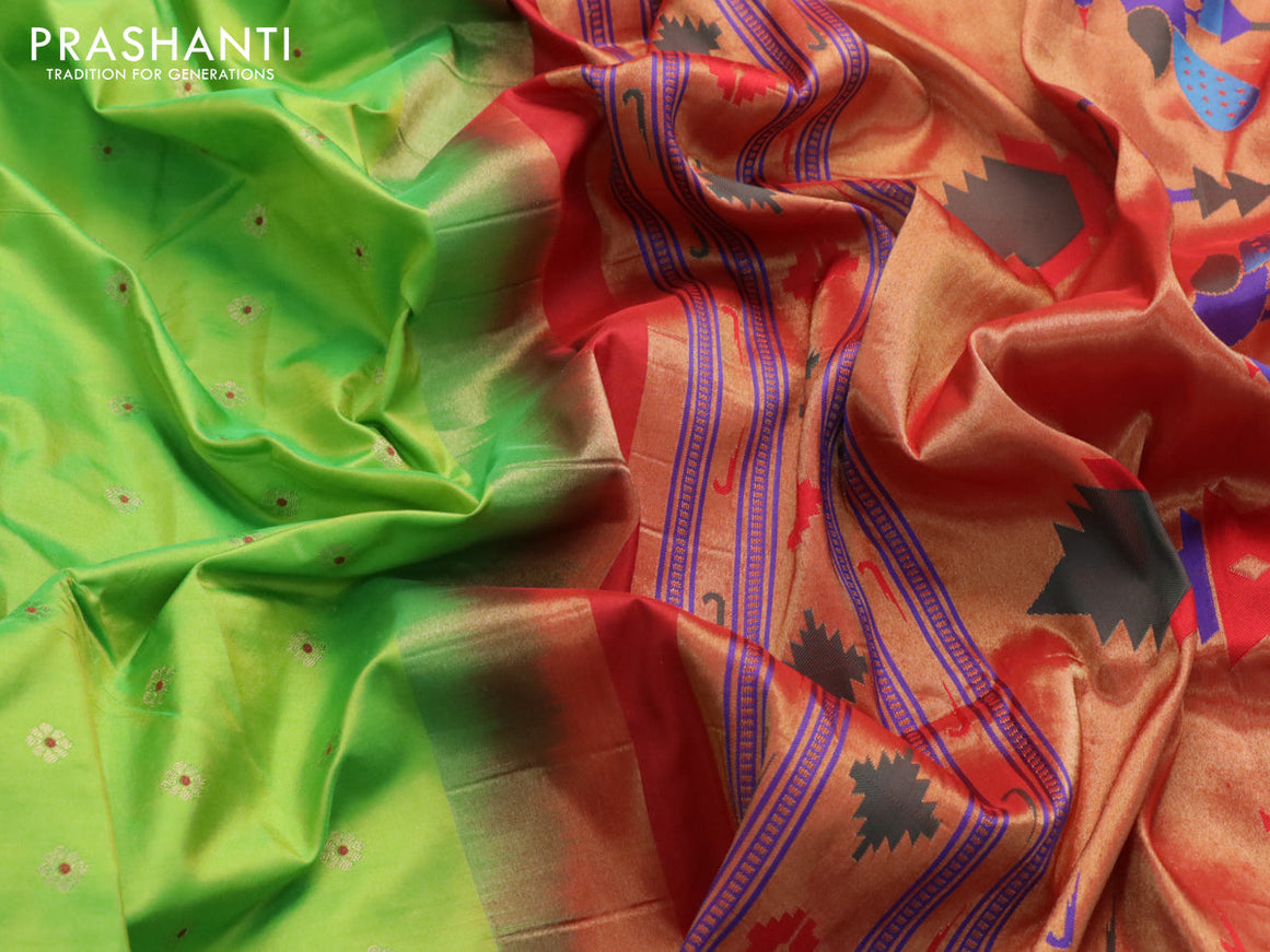 Pure paithani silk saree light green and red with allover floral zari woven buttas and zari woven muniya butta border