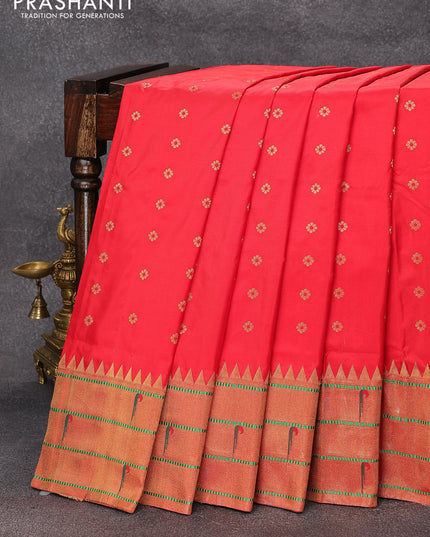 Pure paithani silk saree red with allover floral zari woven buttas and zari woven muniya butta border