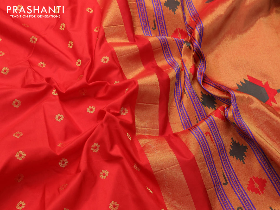 Pure paithani silk saree red with allover floral zari woven buttas and zari woven muniya butta border