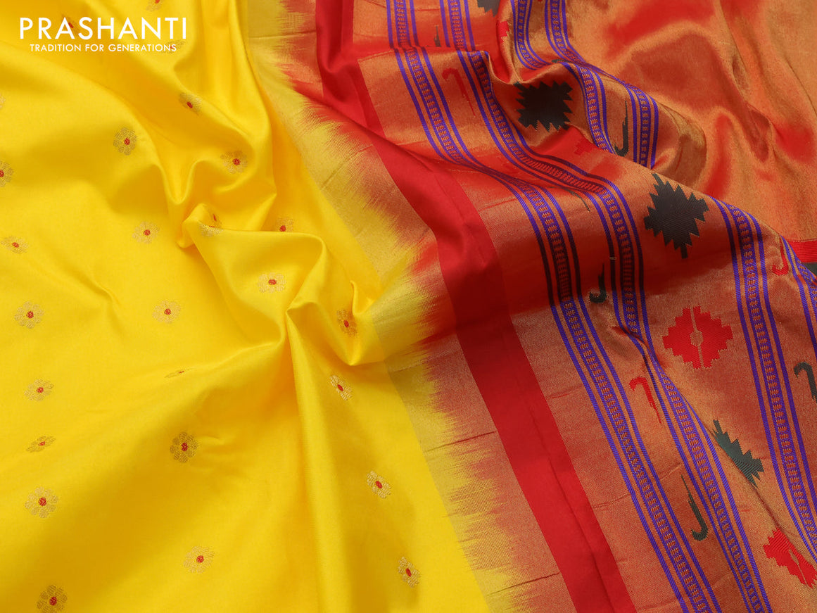 Pure paithani silk saree yellow and red with allover floral zari woven buttas and zari woven muniya butta border