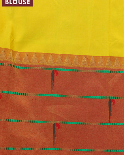 Pure paithani silk saree yellow and red with allover floral zari woven buttas and zari woven muniya butta border