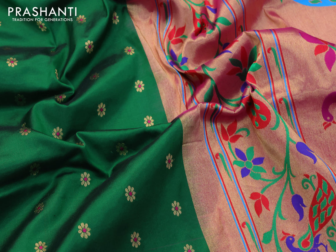 Pure paithani silk saree green and pink with allover floral zari woven buttas and zari woven border