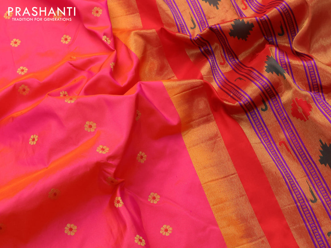 Pure paithani silk saree dual shade of pinkish orange and red with allover floral zari woven buttas and zari woven muniya butta border