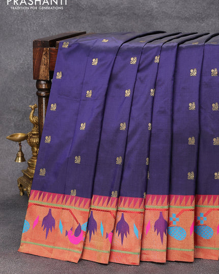 Pure paithani silk saree dark blue and red with annam zari woven buttas and zari woven peacock design paithani border