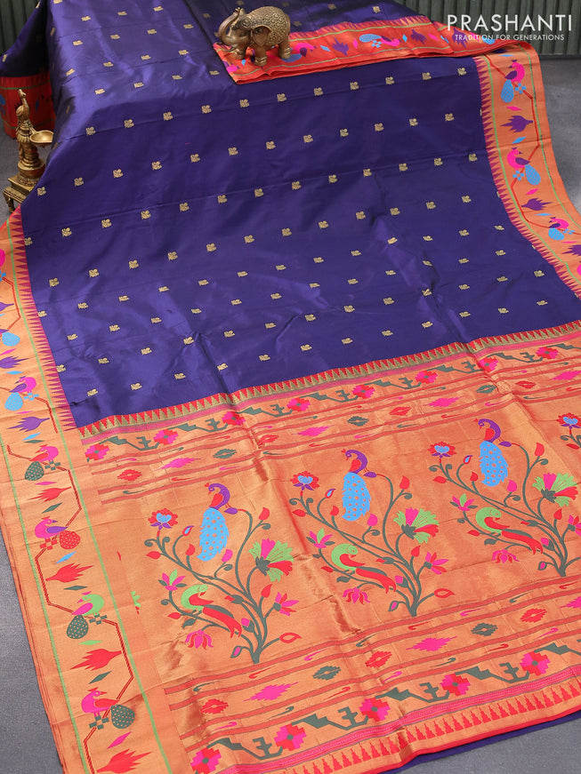 Pure paithani silk saree dark blue and red with annam zari woven buttas and zari woven peacock design paithani border