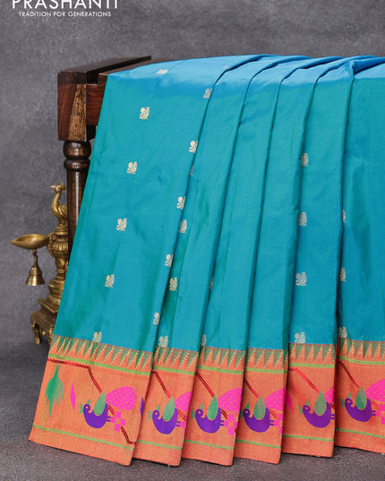 Pure paithani silk saree teal blue and red with annam zari woven buttas and zari woven peacock design paithani border