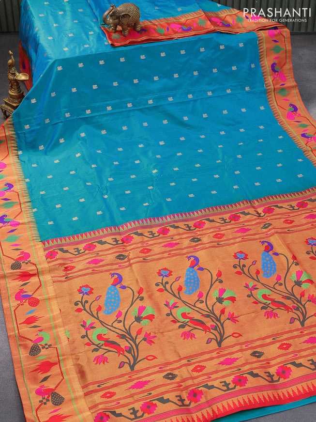 Pure paithani silk saree teal blue and red with annam zari woven buttas and zari woven peacock design paithani border