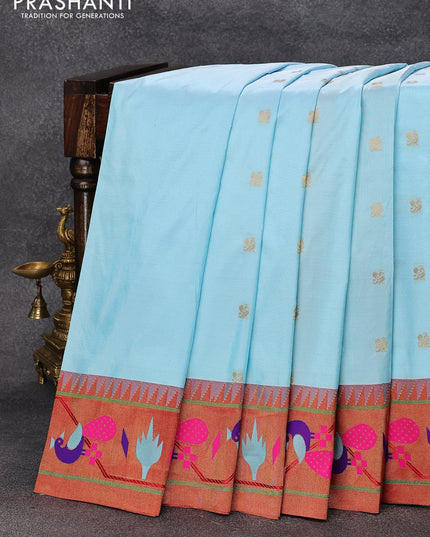 Pure paithani silk saree light blue and red with annam zari woven buttas and zari woven peacock design paithani border