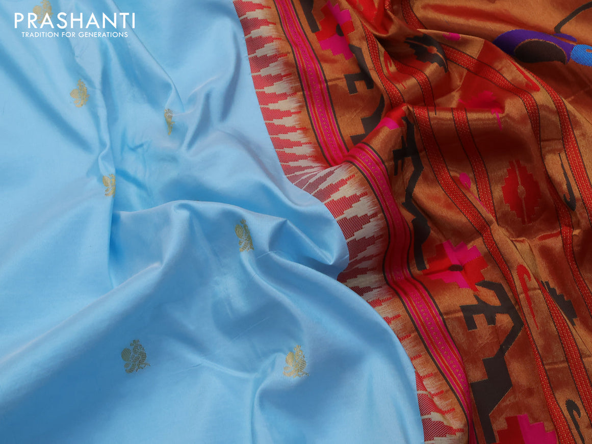 Pure paithani silk saree light blue and red with annam zari woven buttas and zari woven peacock design paithani border
