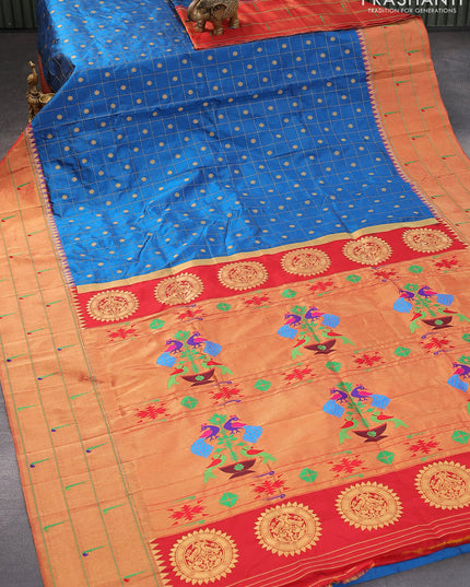 Pure paithani silk saree cs blue and red with allover zari checks & buttas and zari woven muniya butta border