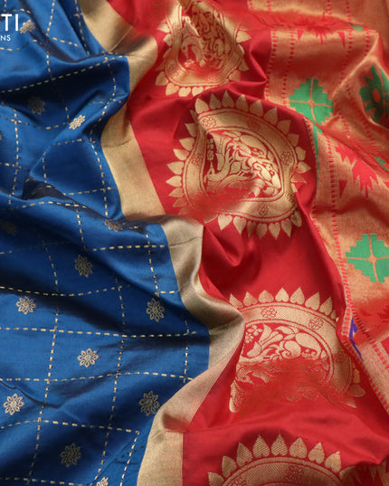 Pure paithani silk saree cs blue and red with allover zari checks & buttas and zari woven muniya butta border