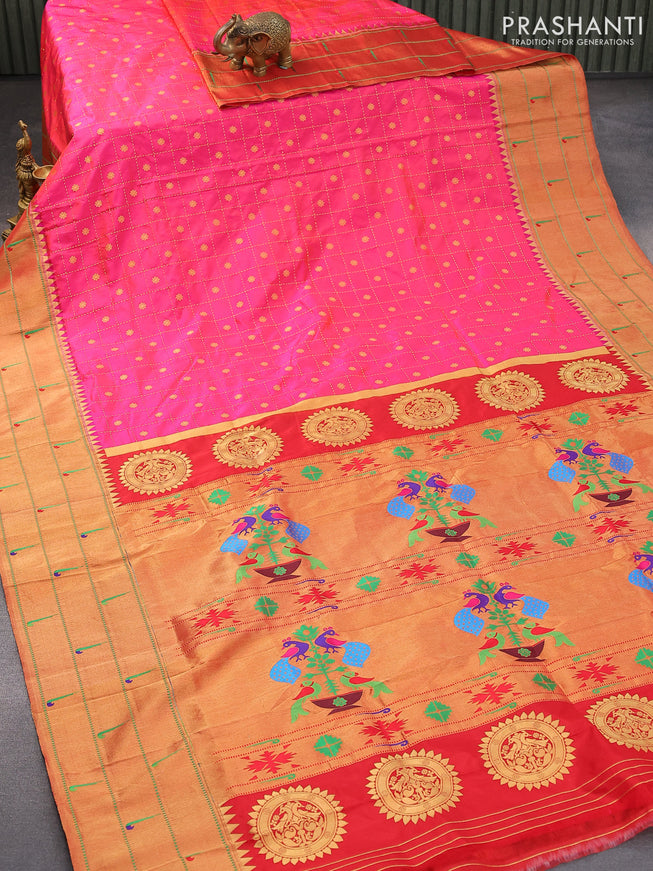 Pure paithani silk saree dual shade of pinkish orange with allover zari checks & buttas and zari woven muniya butta border